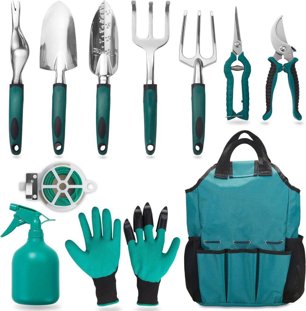 FiveJoy Garden Tool Set, 11 Piece Aluminum Alloy Hand Tool Starter Kit with Garden Bag, Outdoor , Heavy Duty Gardening Work Set with Ergonomic Handle,Gift for Women and Men