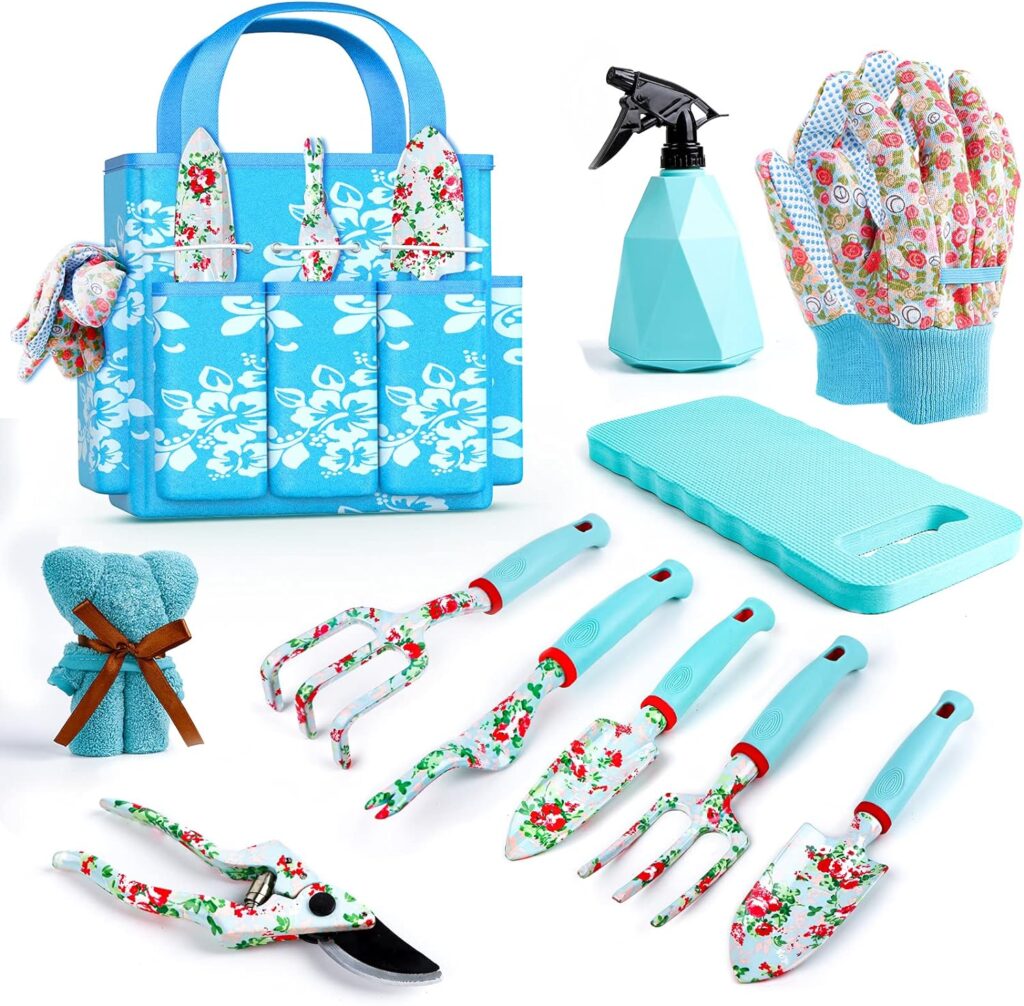 JUMPHIGH Floral Garden Tools Set, 11 PCS Heavy Duty Gardening Tools Includes Hand Trowel Rake Weeder Pruner Sprayer, Gardening Gifts for Women, Garden Kit with Storage Tote Bag and Garden Gloves