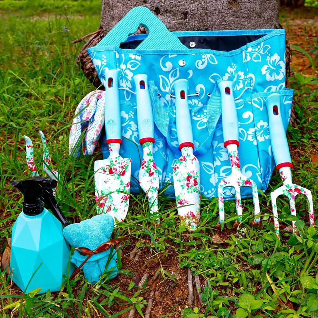 JUMPHIGH Floral Garden Tools Set, 11 PCS Heavy Duty Gardening Tools Includes Hand Trowel Rake Weeder Pruner Sprayer, Gardening Gifts for Women, Garden Kit with Storage Tote Bag and Garden Gloves