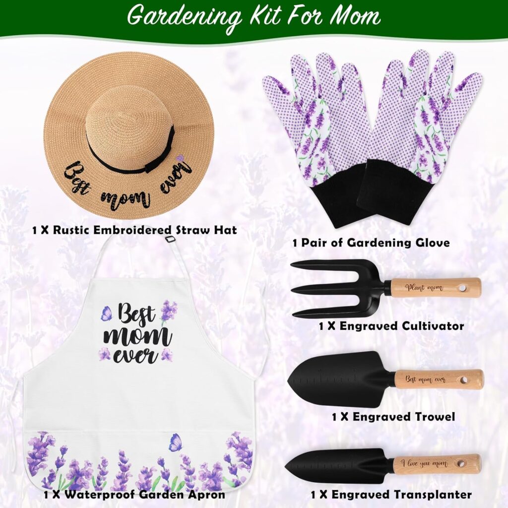 Percozzi Grandma Gifts Lavender Gardening Tools Kit Planting Hand Tools Straw Hat Floral Apron Glove Women Thanksgiving for Her Grandmother Plant Lover Outdoor Yard Lawn Supplies