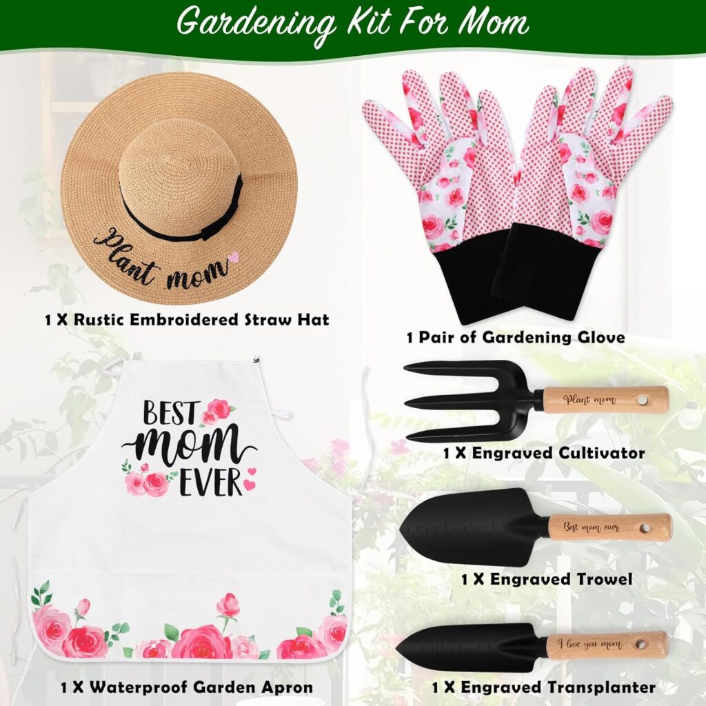 Percozzi Plant Lady Gardening Gifts for Women Gardening Tools Kit with Planting Tools Straw Hat Floral Apron Glove Birthday Gift for Her Mom Grandmother Spring Outdoor Horticulture Starter Set of 6