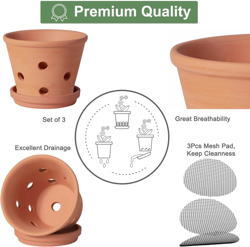 6 inch Terracotta Orchid Pots with Holes and Saucers, 3 Pack Clay Orchid Planter Pots for Repotting, Small Terra Cotta Orchid Pot, Plant Flower Pots for Orchid Indoor Outdoor Promotes Air Circulation