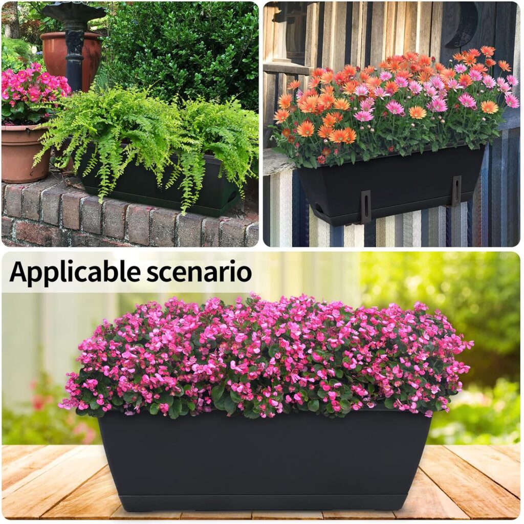 CHUKEMAOYI Window Box Planter, 7 Pack Plastic Vegetable Flower Planters Boxes 17 Inches Rectangular Flower Pots with Saucers for Indoor Outdoor Garden, Patio, Home Decor