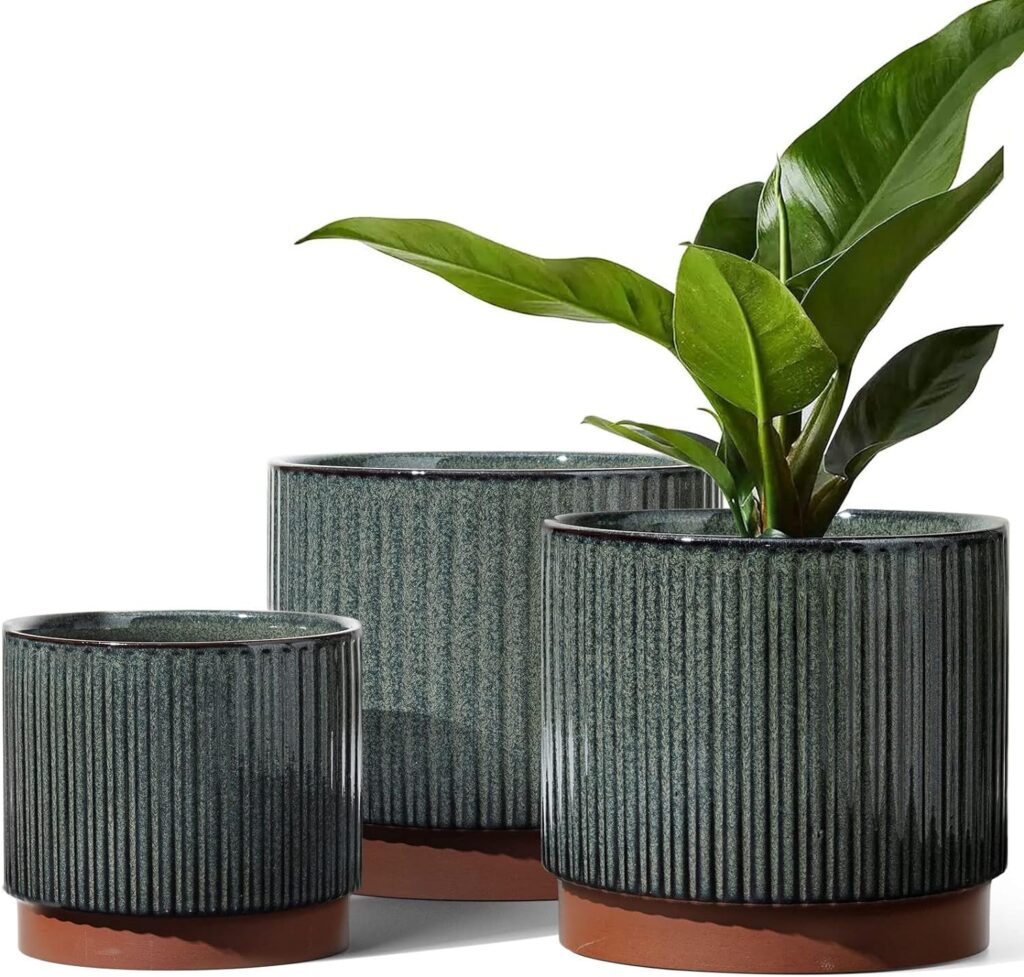 LE TAUCI Ceramic Plant Pots with Drainage Holes, Set of 3, 8+6.5+5.5 Inch Stripe Garden Planter Pots for Outdoor Indoor Plants Flower, Round Succulent Orchid Flower Pot, Reactive Glaze Black