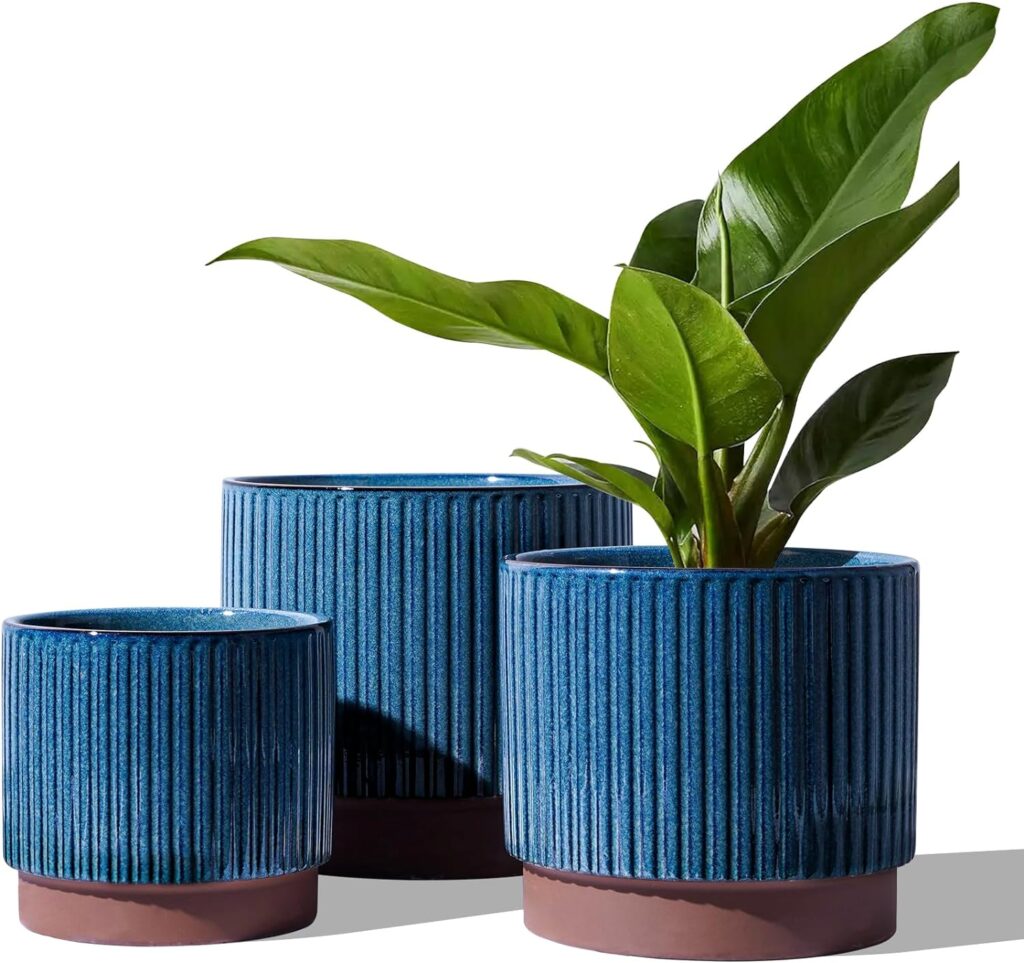 LE TAUCI Ceramic Plant Pots with Drainage Holes, Set of 3, 8+6.5+5.5 Inch Stripe Garden Planter Pots for Outdoor Indoor Plants Flower, Round Succulent Orchid Flower Pot, Reactive Glaze Black