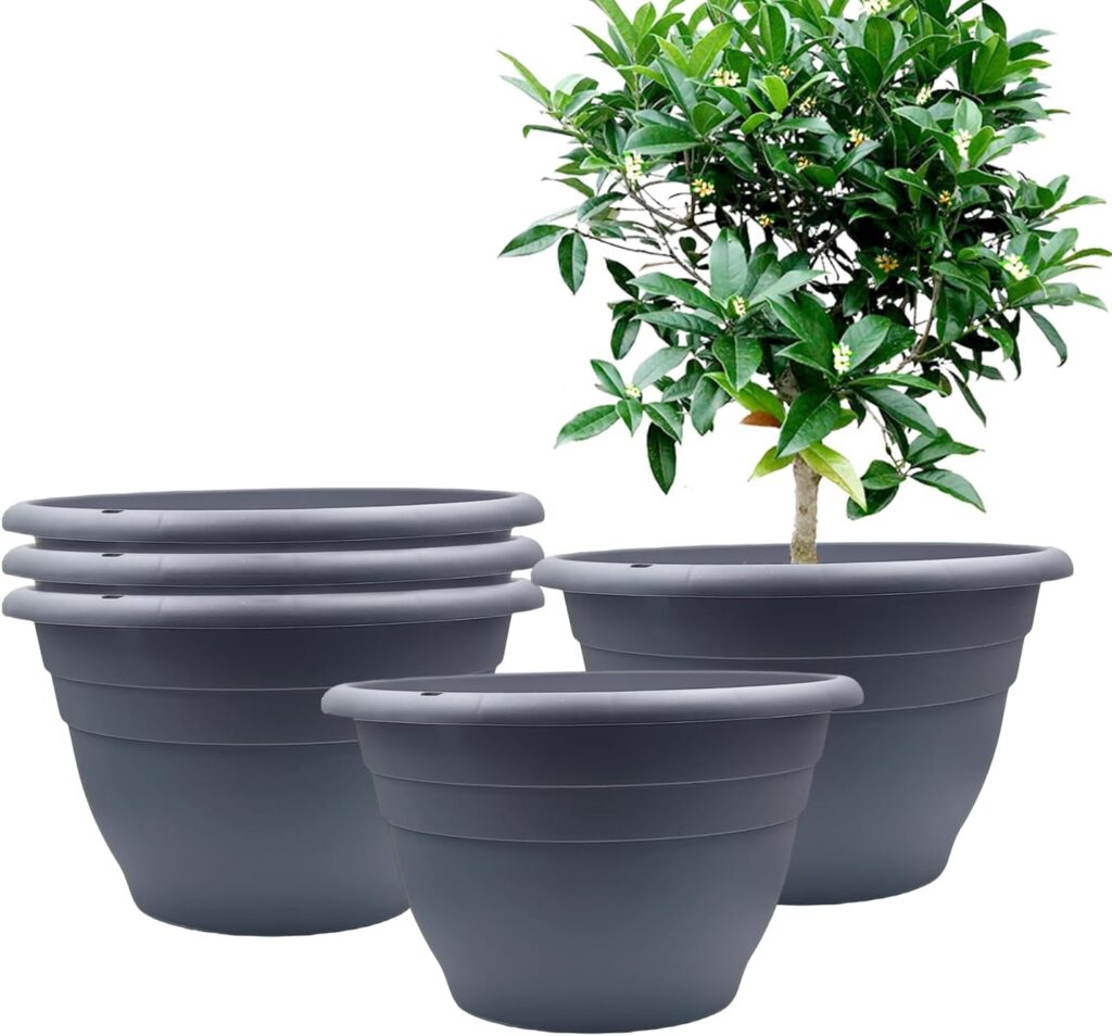 RooTrimmer 5-Pack 10 inch Plastic Planters, Round Flower Pots with Drainage Holes, Thick Sturdy Traditional Garden Pots Indoor and Outdoor(Dark Gray)