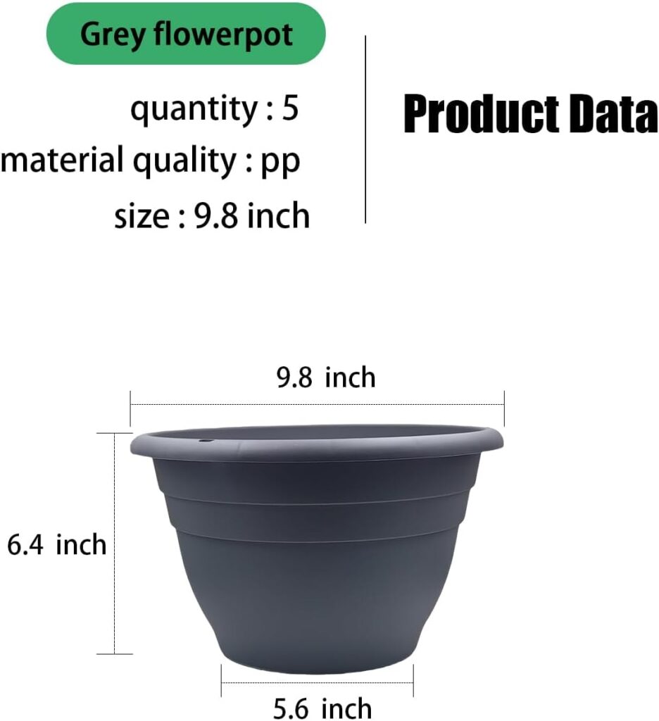 RooTrimmer 5-Pack 10 inch Plastic Planters, Round Flower Pots with Drainage Holes, Thick Sturdy Traditional Garden Pots Indoor and Outdoor(Dark Gray)