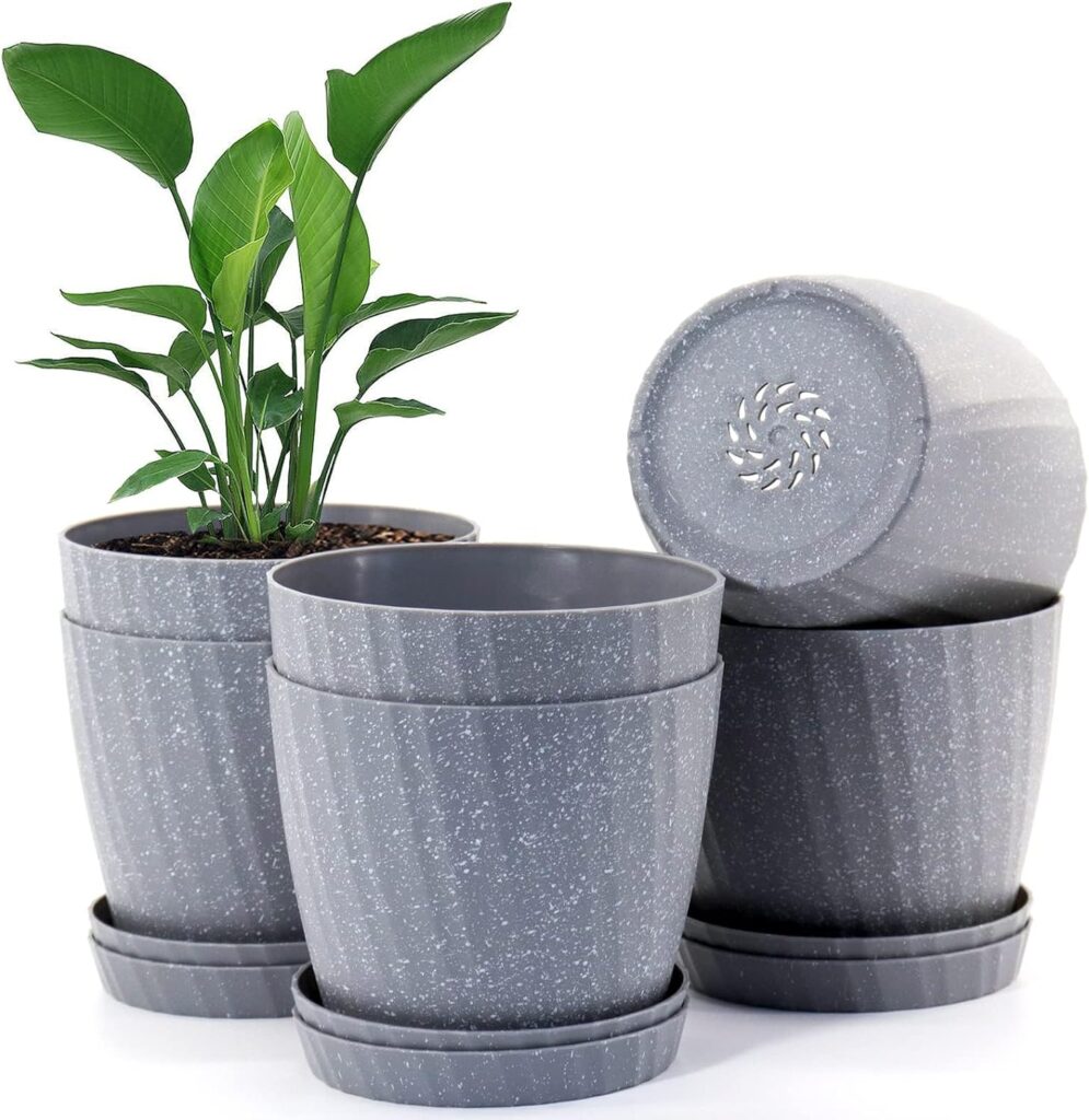 UOUZ 7 Plant Pots Bulk, 6 Pack Plastic Planters with Drainage Holes and Saucers for Indoor Outdoor House Plants and Flowers, Grey