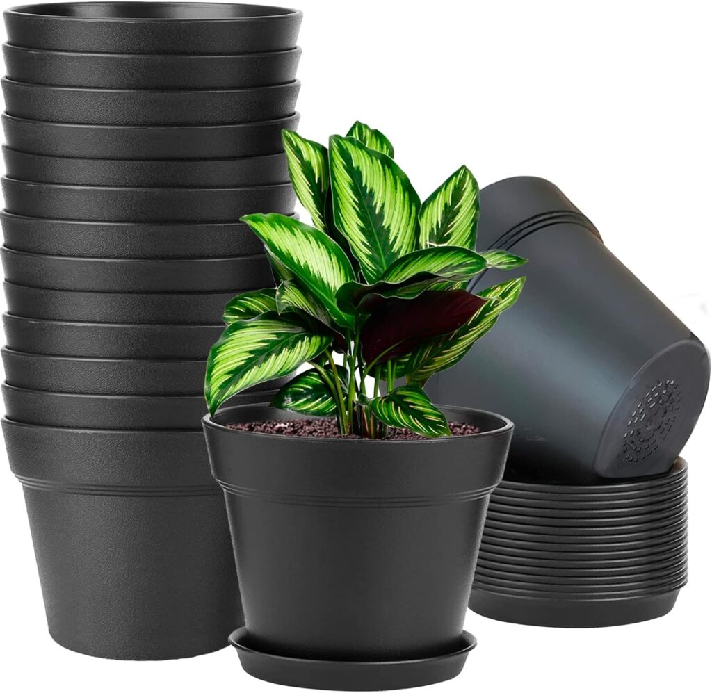 WOUSIWER 16 Pack 6 inch Plastic Planters for Indoor Flower Pots, Heavy Duty and Stylish 6 Inch Plant Pots for Indoor Plants with Drainage Holes and Tray for Plants, Flowers, Black